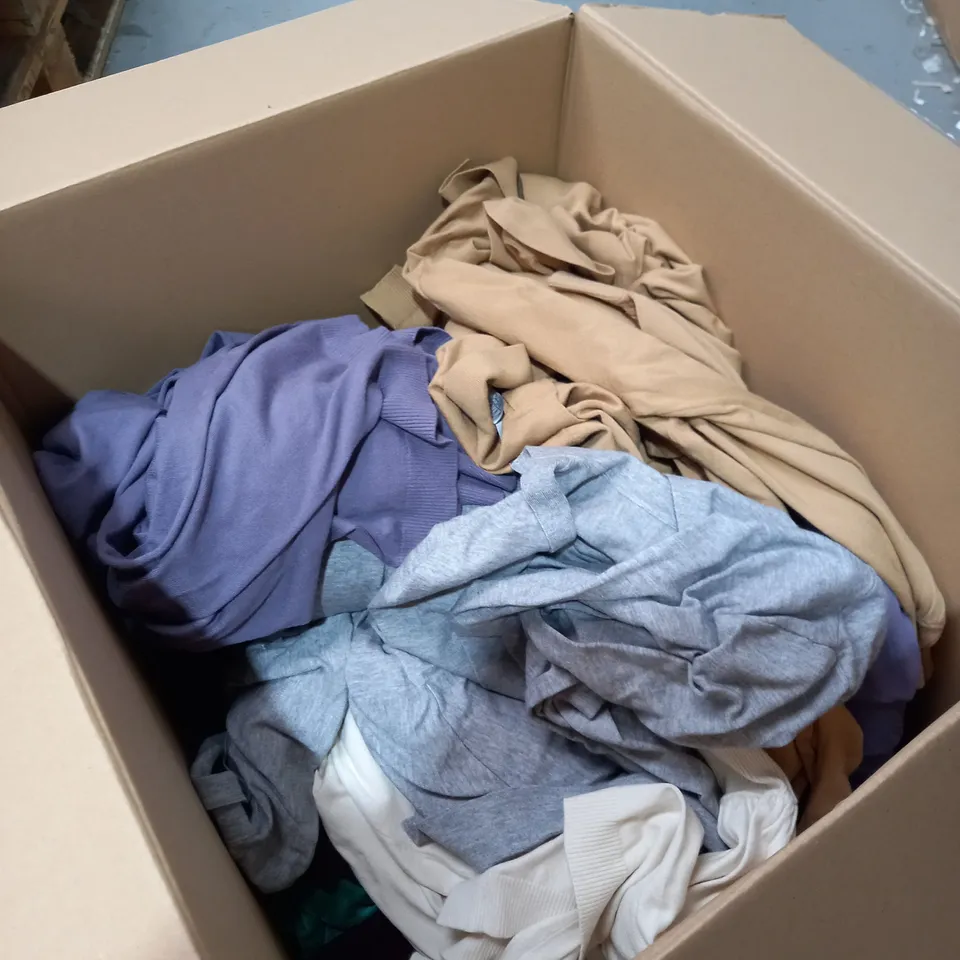 BOX OF CLOTHES APPROXIMATELY 30 TO INCLUDE TOPS, JUMPERS, DRESSES ETC