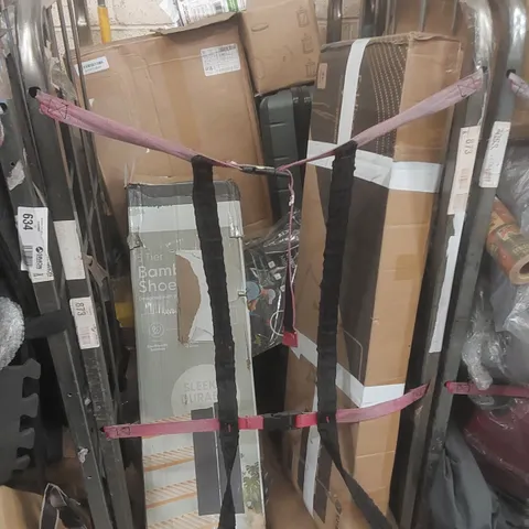 CAGE CONTAINING A LARGE QUANTITY OF ASSORTED ITEMS INCLUDING: CAMPING CHAIRS, BAMBOO SHOE RACK ECT - CAGE NOT INCLUDED