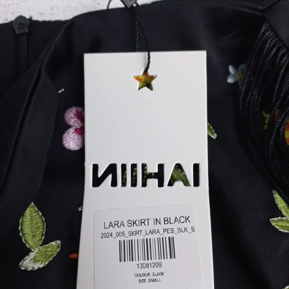 IAHIIN LARA SKIRT IN BLACK – EMBROIDERED FLORAL WITH FRINGE, UK SIZE S