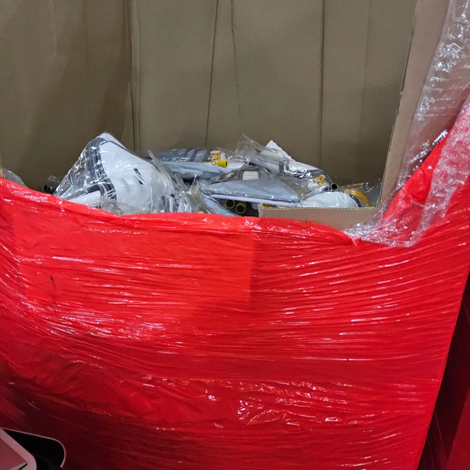 PALLET OF ASSORTED ITEMS TO INCLUDE, HOMELABS 21 GALLON TRASH CAN, CUSHION & LARGE QUANTITY OF FLOOR MOP SETS.