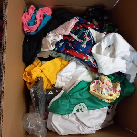 LARGE BOX OF ASSORTED KIDS CLOTHING ITEMS TO INCLUDE BAGS, BABY GROWS AND DRESSES