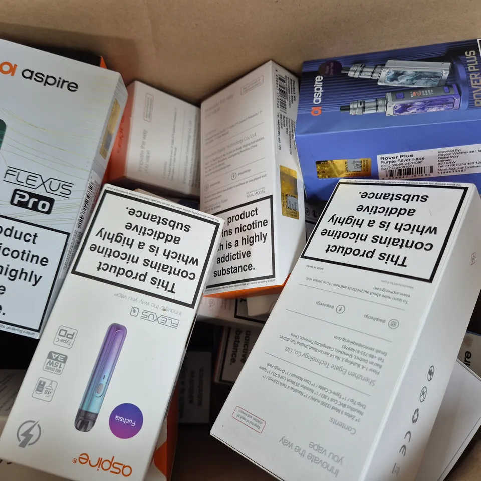 BOX OF APPROXIMATELY 15 ASSORTED VAPING ITEMS AND PRODUCTS TO INCLUDE VOOPOO, ASPIRE, ETC