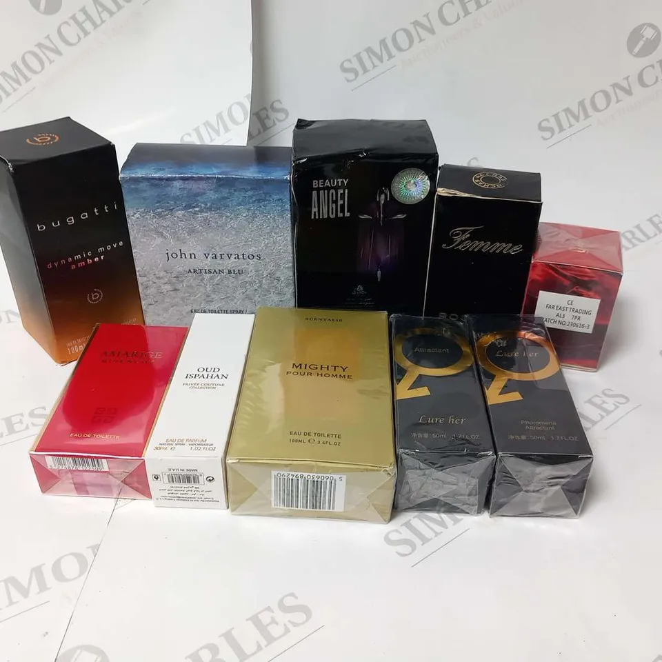 APPROXIMATELY 10 ASSORTED FRAGRANCES TO INCLUDE; BEAUTY ANGEL, SCENTIALS, BUGATTI, ROCHAS AND GIVENCHY
