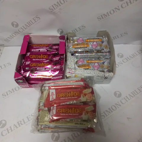 BOX OF APPROXIMATELY 25 ASSORTED GRENADE PROTEIN BARS TO INCLUDE DARK CHOCOLATE RASPBERRY, BIRTHDAY CAKE & SALTED PEANUT