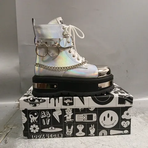 BOXED PAIR OF KOI BORIN HARDWARE PLATFORM BOOTS IN SILVER HOLOGRAM SIZE UK 4