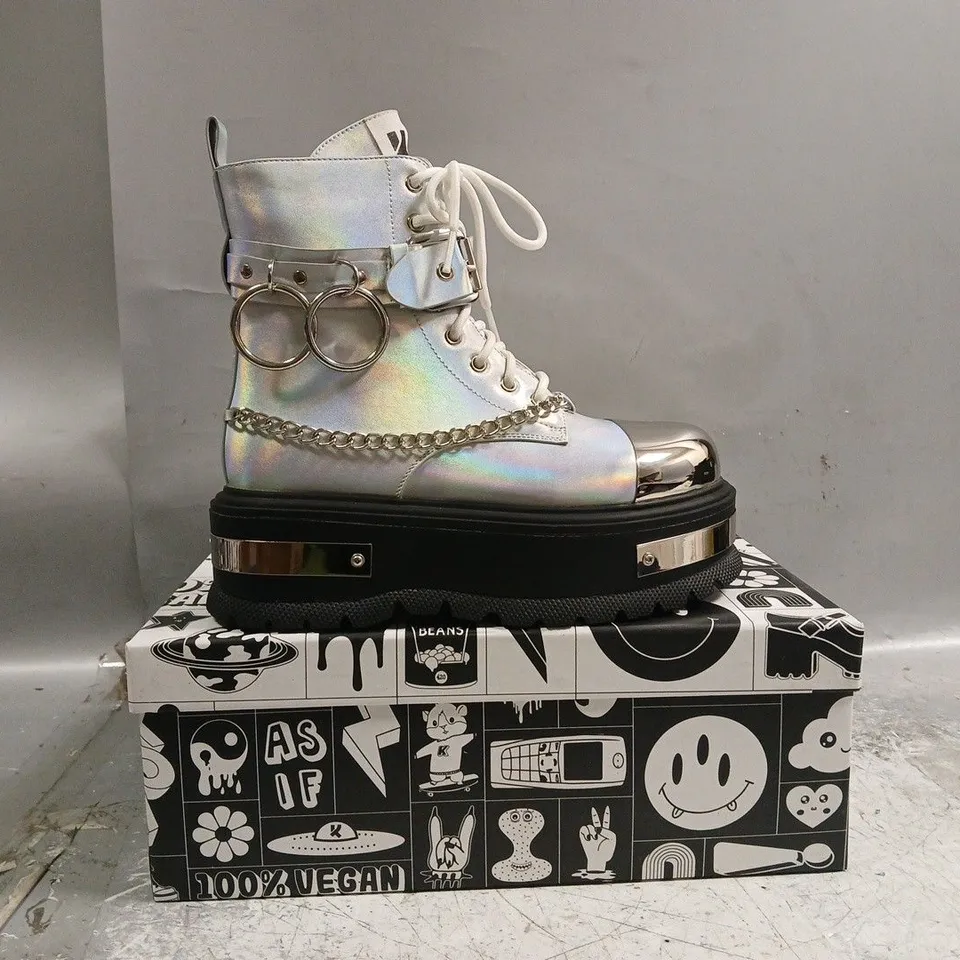 BOXED PAIR OF KOI BORIN HARDWARE PLATFORM BOOTS IN SILVER HOLOGRAM SIZE UK 4