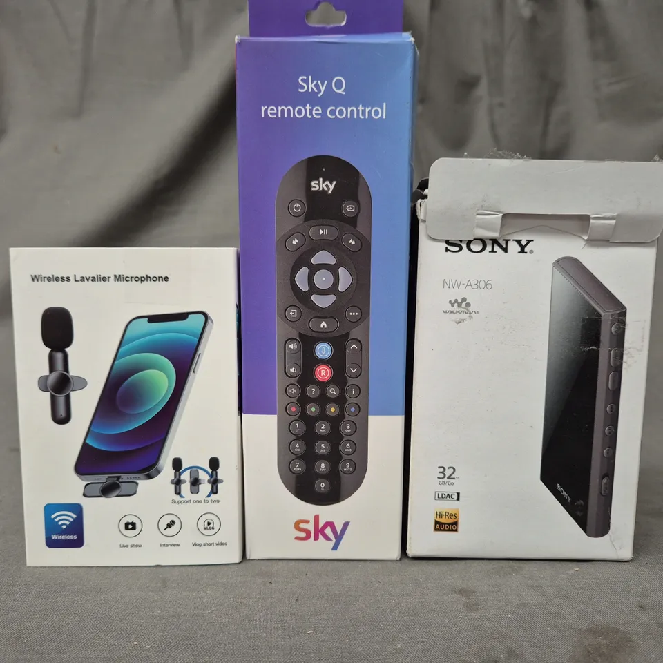 BOX OF APPROXIMATELY 10 ASSORTED HOUSEHOLD AND ELECTRICAL ITEMS TO INCLUDE WIRELESS LAVALIER MICROPHONE, SKY Q REMOTE, SONY NW-A306, ETC - COLLECTION ONLY