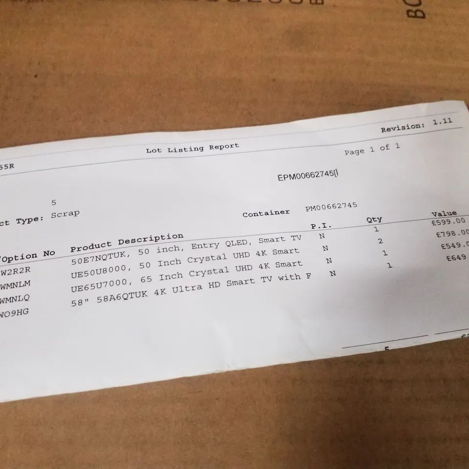 PALLET OF 5 ASSORTED DAMAGED TVS INCLUDING