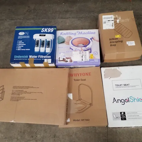 PALLET CONTAINING ASSORTED PRODUCTS INCLUDING SLEEPING BAG, TOILET SEATS, KNITTING MACHINE, UNDERSINK WATER FILTRATION & METAL TOWEL RACK