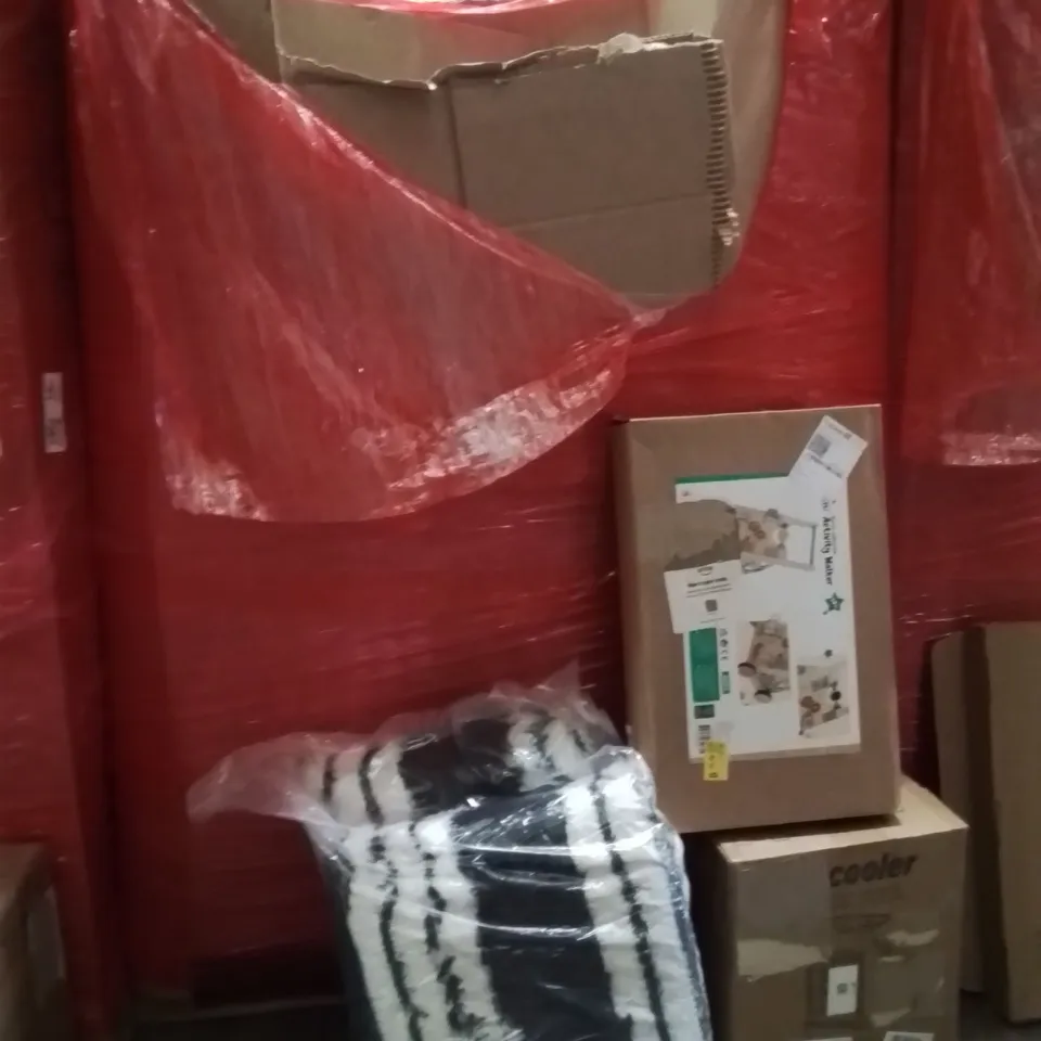 PALLET OF ASSORTED HOUSEHOLD GOODS AND PRODUCTS TO INCLUDE;AREA RUG,AIR COOLER,ACTIVITY WALKER