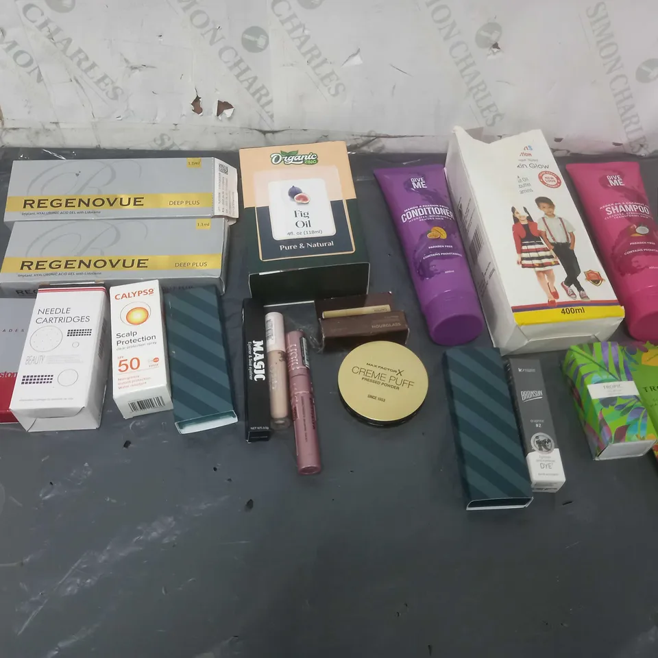 APPROXIMATELY 12 ASSORTED COSMETIC PRODUCTS TO INCLUDE REGENOVUE DEEP PLUS, ORGANIC FIG OIL, AND GIVE ME CONDITIONER ETC. 