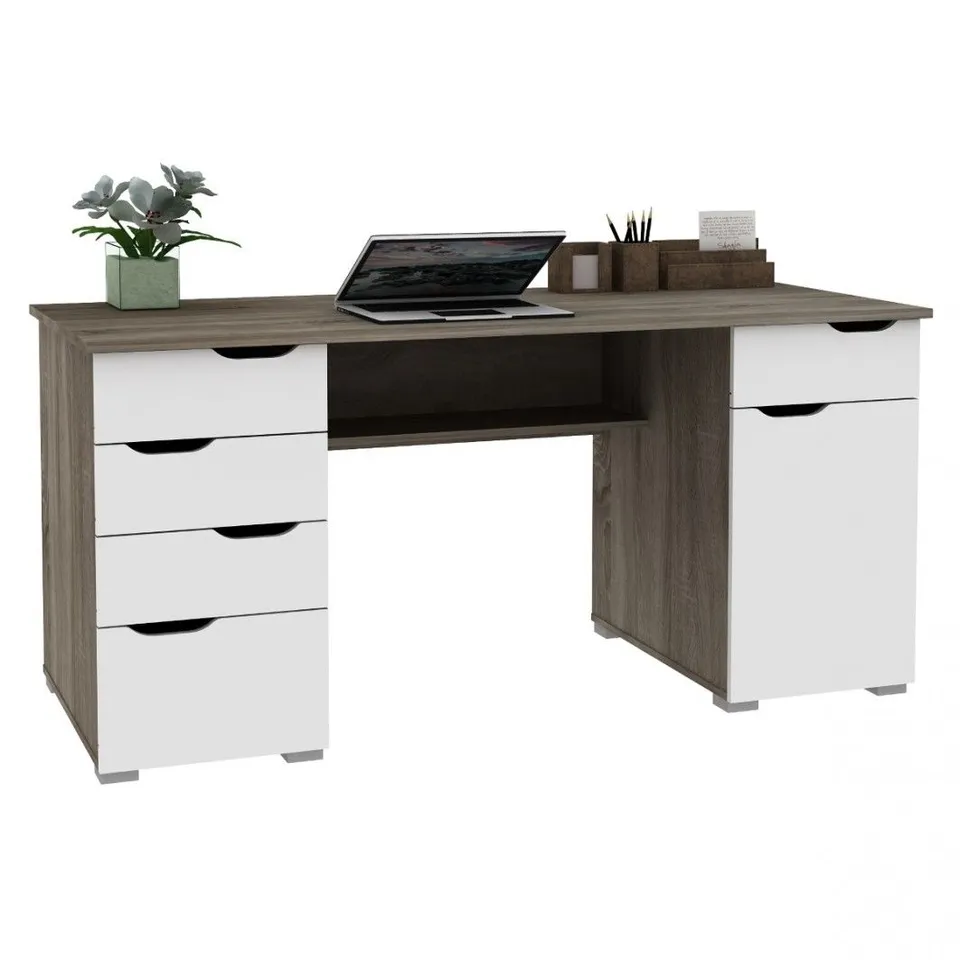 BOXED KENTUCKY DARK OAK DESK WITH WHITE GLOSS DRAWER FRONTS (2 BOXES)