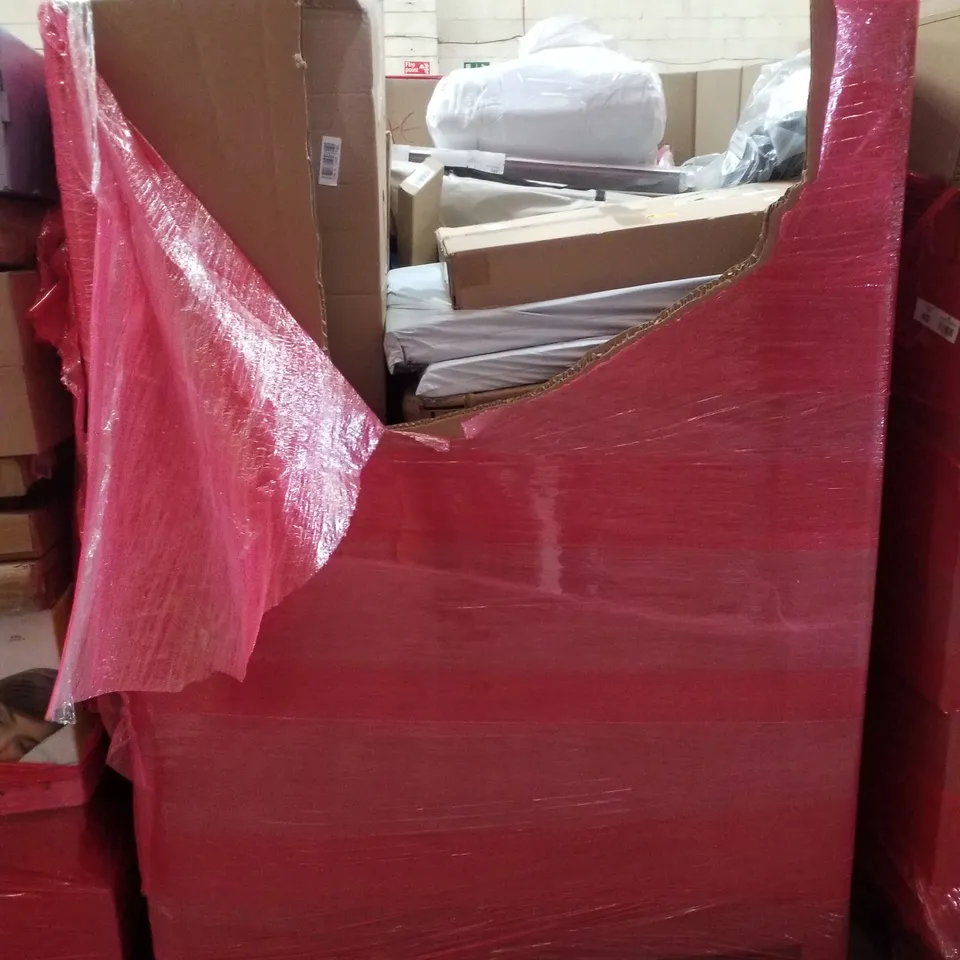 PALLET CONTAINING VARIOUS ASSORTED BOXED HOUSEHOLD ITEMS TO INCLUDE: GATORTAIL FOAM ROLLER, ROTISSERIE KIT, STORAGE RACK,BUG ZAPPER, ANTI FATIGUE BOARD, SLOW JUICER AND LOTS MORE UNMARKED BOXED ITEMS 