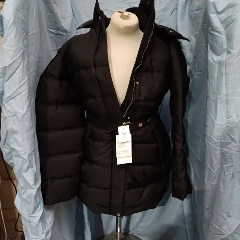 ZARA WOMEN'S BLACK PADDED COAT WITH BELT AND FUR-TRIM HOOD – SIZE L