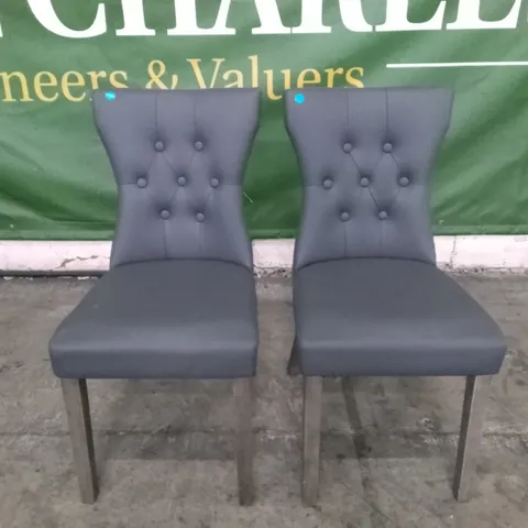 SET OF 2 NEW BEWLEY GREY LEATHER BUTTON BACK DINING CHAIR (DARK OAK LEG)