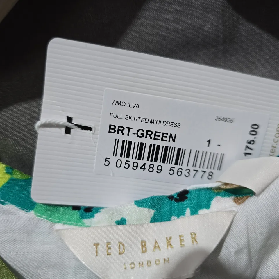 TED BAKER LONDON GREEN FLORAL FULL SKIRTED MINI DRESS - SIZE 1