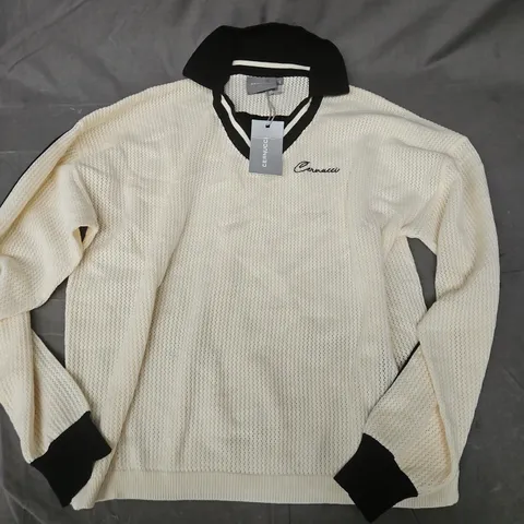 CERNUCCI LONG SLEEVE KNIT POLO - WHITE, SIZE S