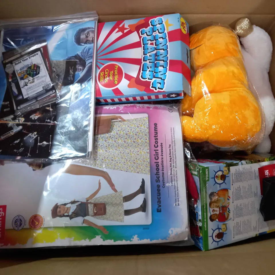 BOX OF APPROX 20 ASSORTED TOYS TO INCLUDE - SPINNING PLATES - PIC PIRATE - SMIFFYS EVACUEE SCHOOL GIRL COSTUME ECT