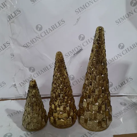 BOXED ALISON CORK SET OF 3 MERCURY GLASS TREES IN ANTIQUE GOLD