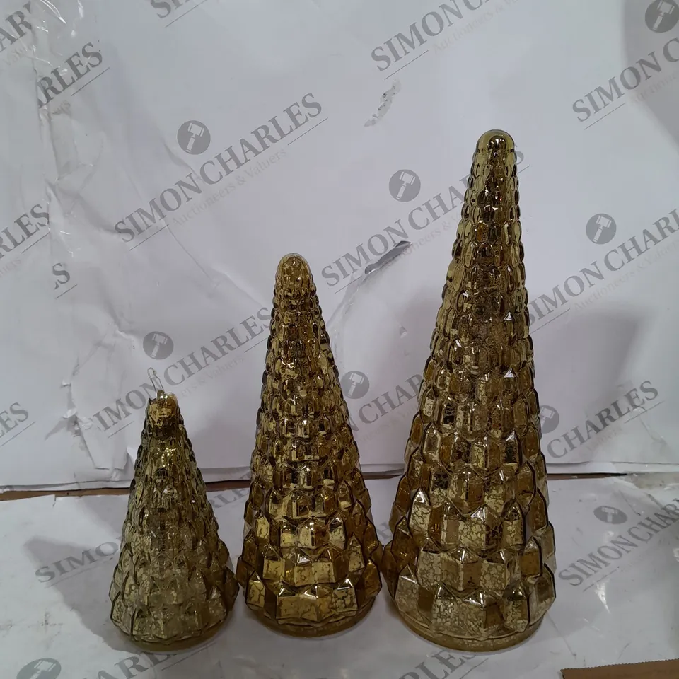 BOXED ALISON CORK SET OF 3 MERCURY GLASS TREES IN ANTIQUE GOLD