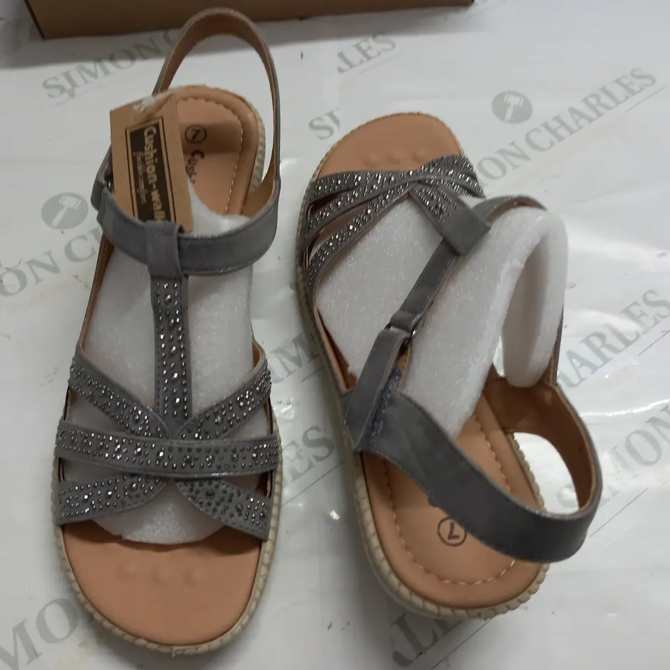 BOXED PAIR OF CUSHION WALKEMBELLISHED STRAPPY SANDALS IN PEWTER - SIZE 7