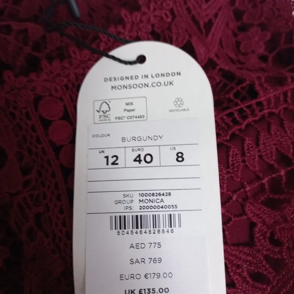 MONSOON BURGUNDY LACE DRESS – UK 12 (EU 40, US 8)