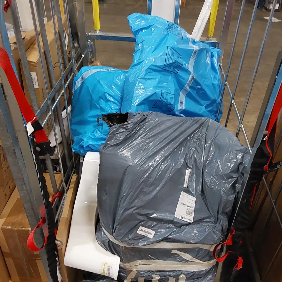 3 CAGES OF ASSORTED CONSUMER PRODUCTS TO INCLUDE; TABLE FAN, FOLDING IRON, CAST IRON CHICKEN ROASTER, CARBON STEEL WOK PAN, TOILET SEAT ECT (CAGES NOT INCLUDED)