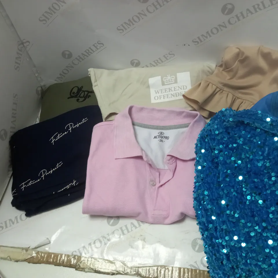 BOX OF CLOTHES TO INCLUDE CROSSMATCH SWIMMING SHORTS , BOOHOO SEQUIN DRESS , ETC