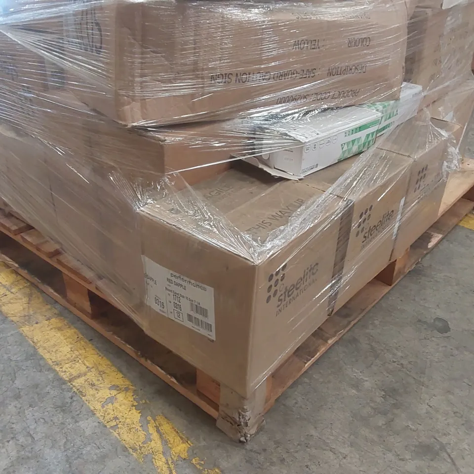 PALLET CONTAINING A VERY LARGE QUANTITY OF ASSORTED BRAND NEW CATERING ITEMS INCLUDING: JANTEX WATER FILTER CARTRIDGES, STERNO GREEN ETHANOL GEL CHAFING FUEL, CATERING CLOTHING, STEELITE DISHES ECT