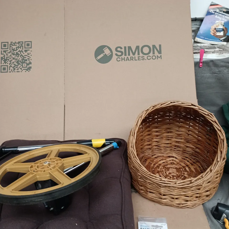 BOX OF APPROXIMATELY INCLUDING DOGGY SUNSTICK, A WOVEN BASKET AND A DISTANCE MEASURING WHEEL