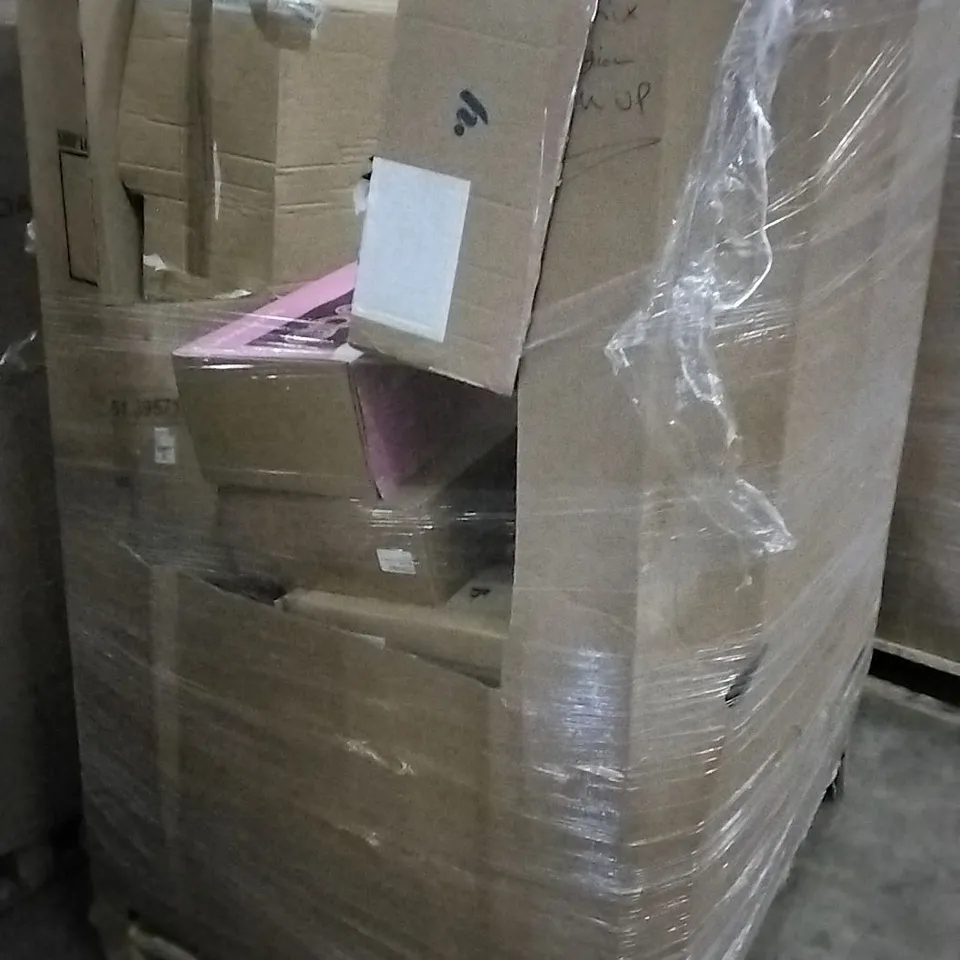 PALLET OF ASSORTED ITEMS INCLUDING MOLLY DOLLY DOLLS PRAM, 38F BRAS, BOX OF ASSORTED CD'S DVDS AND BOOKS, LUXURIOUS HOTEL DUVET AND HOOVER BREEZE EVO