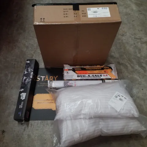 PALLET CONTAINING ASSORTED PRODUCTS INCLUDING LED CEILING FAN LIGHT, BUG-A-SALT GUN, ROLLER BLIND, PILLOWS PROFESSIONAL SCREEN PROTECTOR & GAMING MOUSE PAD