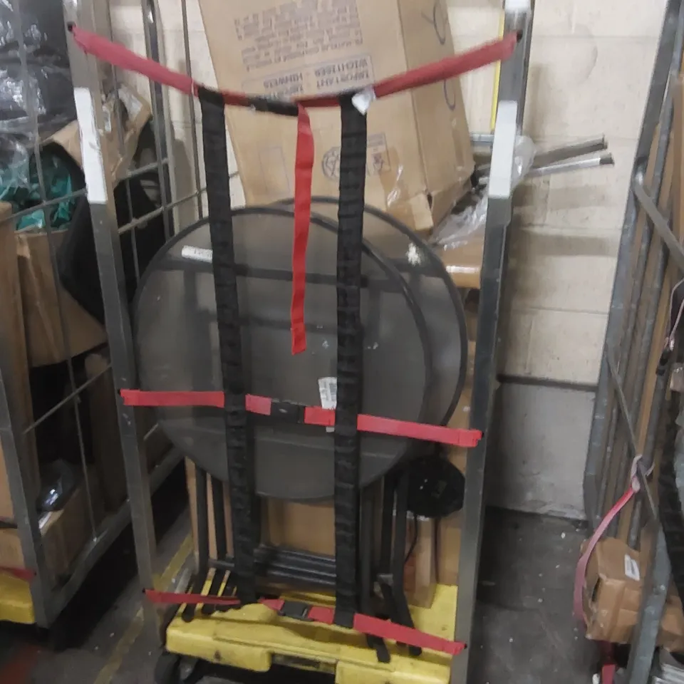 CAGE CONTAINING ASSORTED ITEMS INCLUDING: FOLDING GARDEN TABLES, ROLLED MATTRESS, TOILET SEAT ECT // CAGE NOT INCLUDED