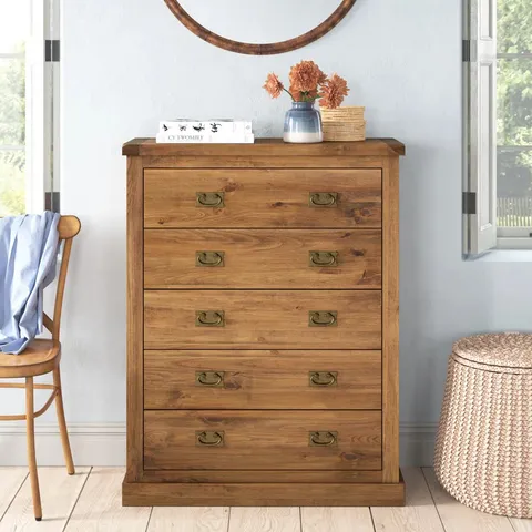 BOXED ISSA 5 DRAWER 90CM W SOLID WOOD CHEST OF DRAWERS - ANTIQUE LACQUER (1 BOX)