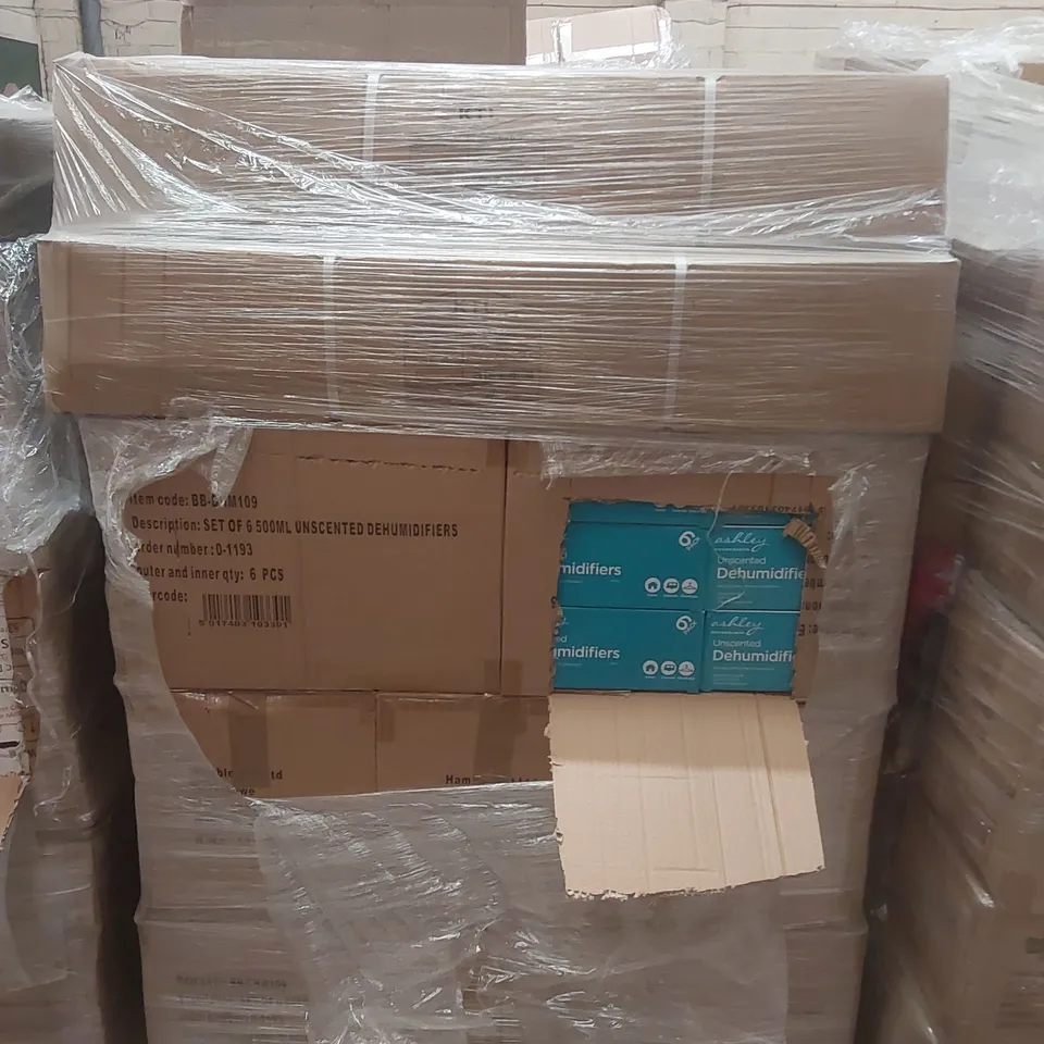 PALLET CONTAINING A VERY LARGE QUANTITY OF ASHLEY HOUSEWARES UNSCENTED DEHUMIDIFIERS, BEACH PARASOLS ECT