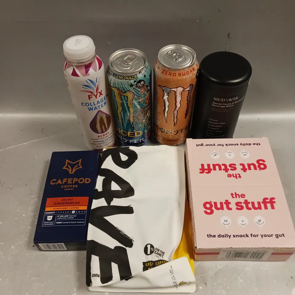 APPROXIMATELY 10 ASSORTED FOOD/DRINK PRODUCTS TO INCLUDE CAFEPOD COFFEE, MONSTER ENERGY DRINKS, RAVE COFFEE ETC 