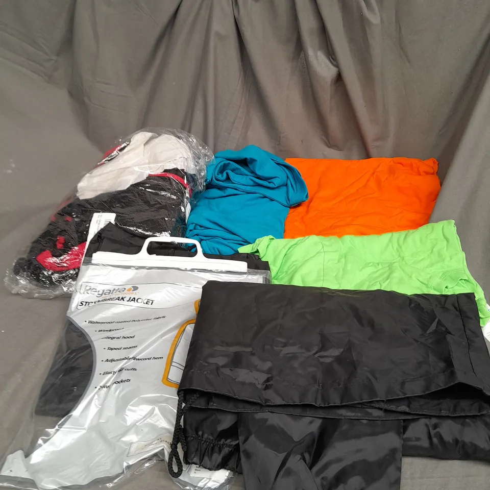 LARGE BOX OF ASSORTED SPORTS CLOTHING ITEMS IN VARIOUS SIZES, COLOURS AND STYLES