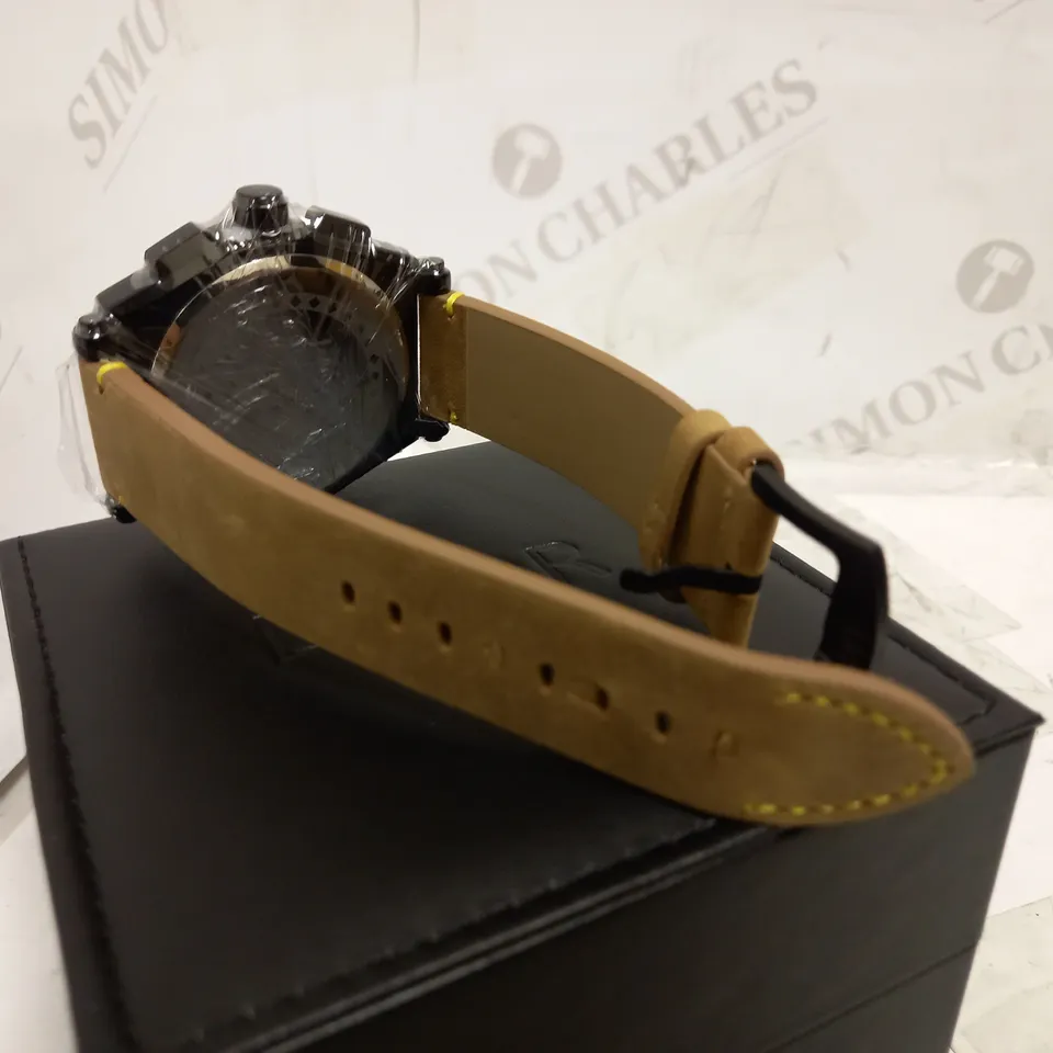 LATOR CALIBRE BLACK & YELLOW CHRONOGRAPH STYLE LEATHER STRAP WATCH RRP £635