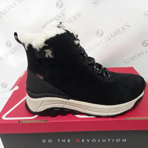 BOXED PAIR OF RIEKER REVOLUTION WARM LINED WATER RESISTANT LACE UP BOOTS, BLACK - SIZE 4