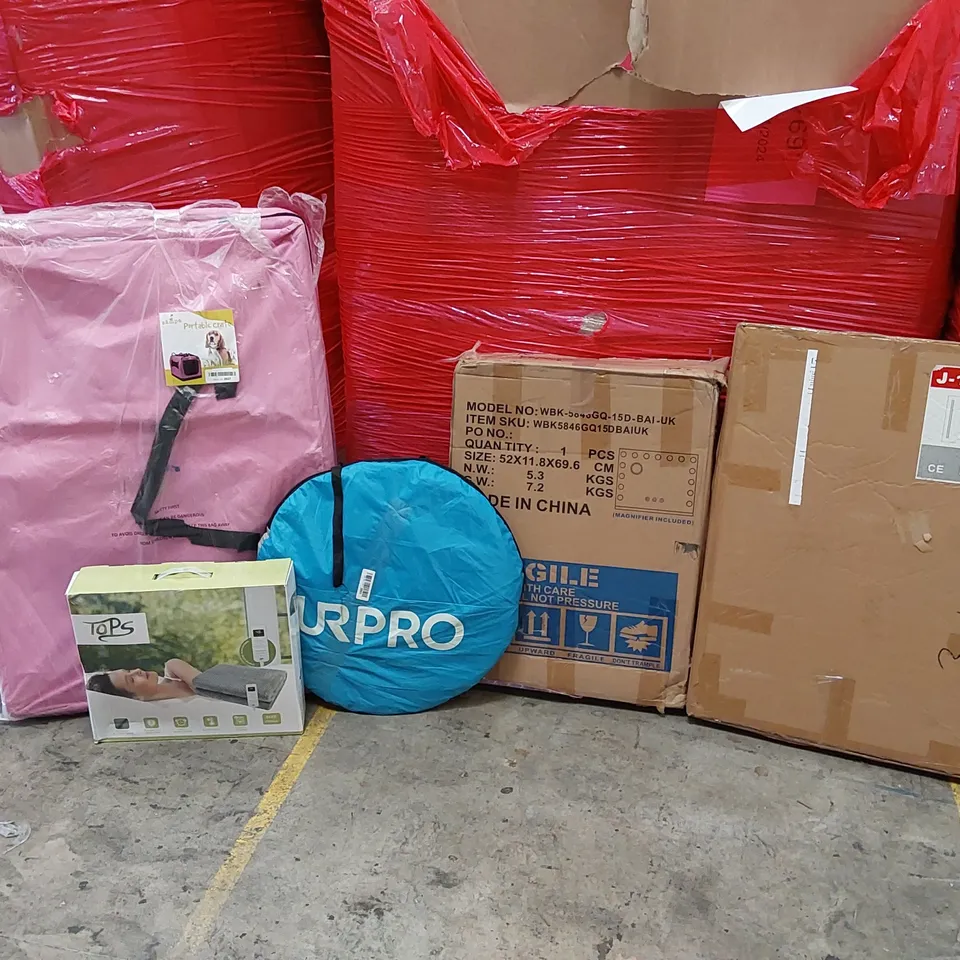 PALLET OF ASSORTED ITEMS INCLUDING: ELECTRIC BLANKET, LED MIRRORS, URPRO FOLDING TENT, PORTABLE PET CRATE ECT.