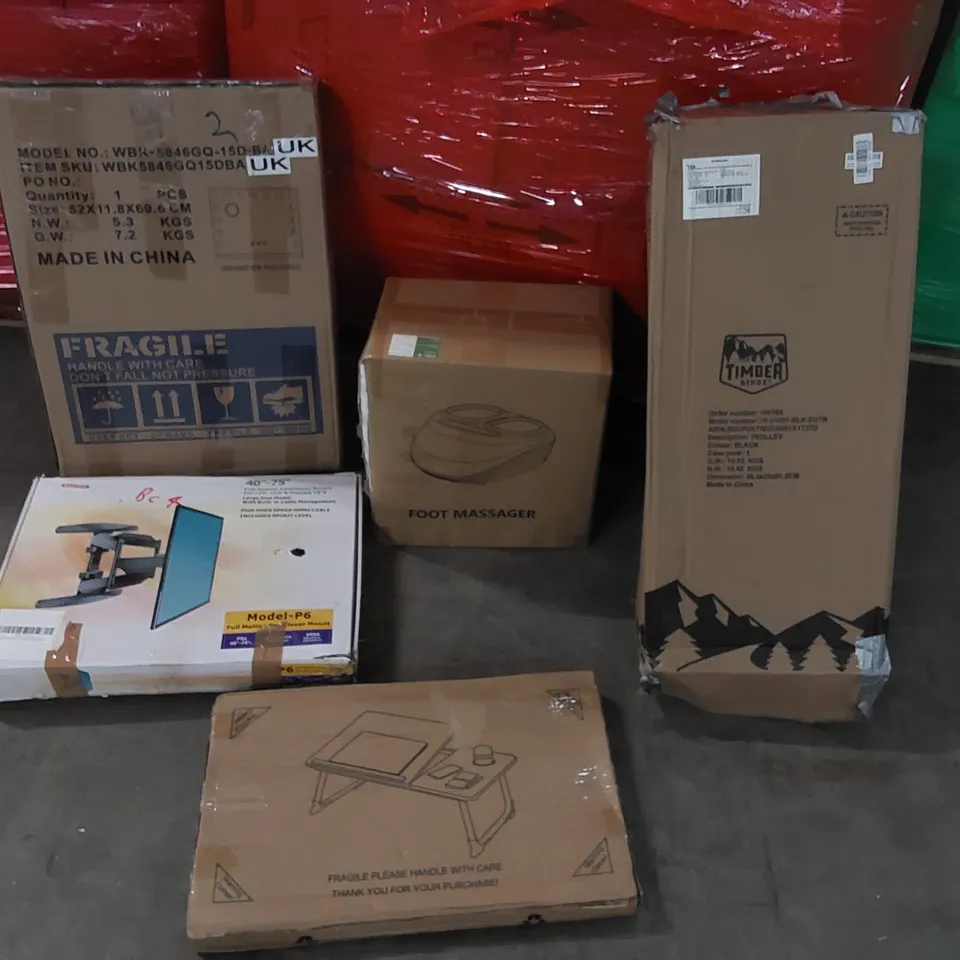 PALLET OF ASSORTED CONSUMER PRODUCTS TO INCLUDE: GARDEN TROLLEY, OFFICE CHAIR, FOOT MASSAGER, LAPTOP DESK, TV MOUNT, HOLLYWOOD MIRROR ECT
