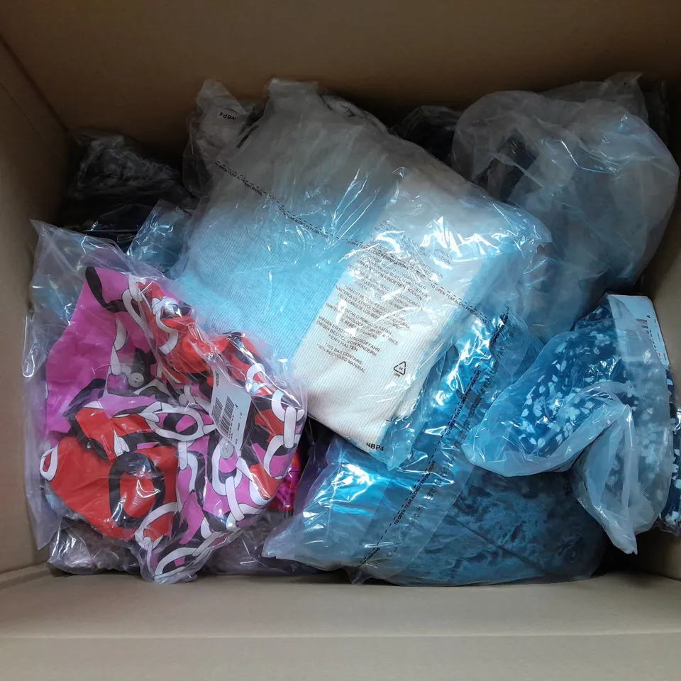 BOX OF APPROXIMATELY 13 ASSORTED CLOTHING ITEMS IN VARIOUS COLOURS , SIZES & STYLES