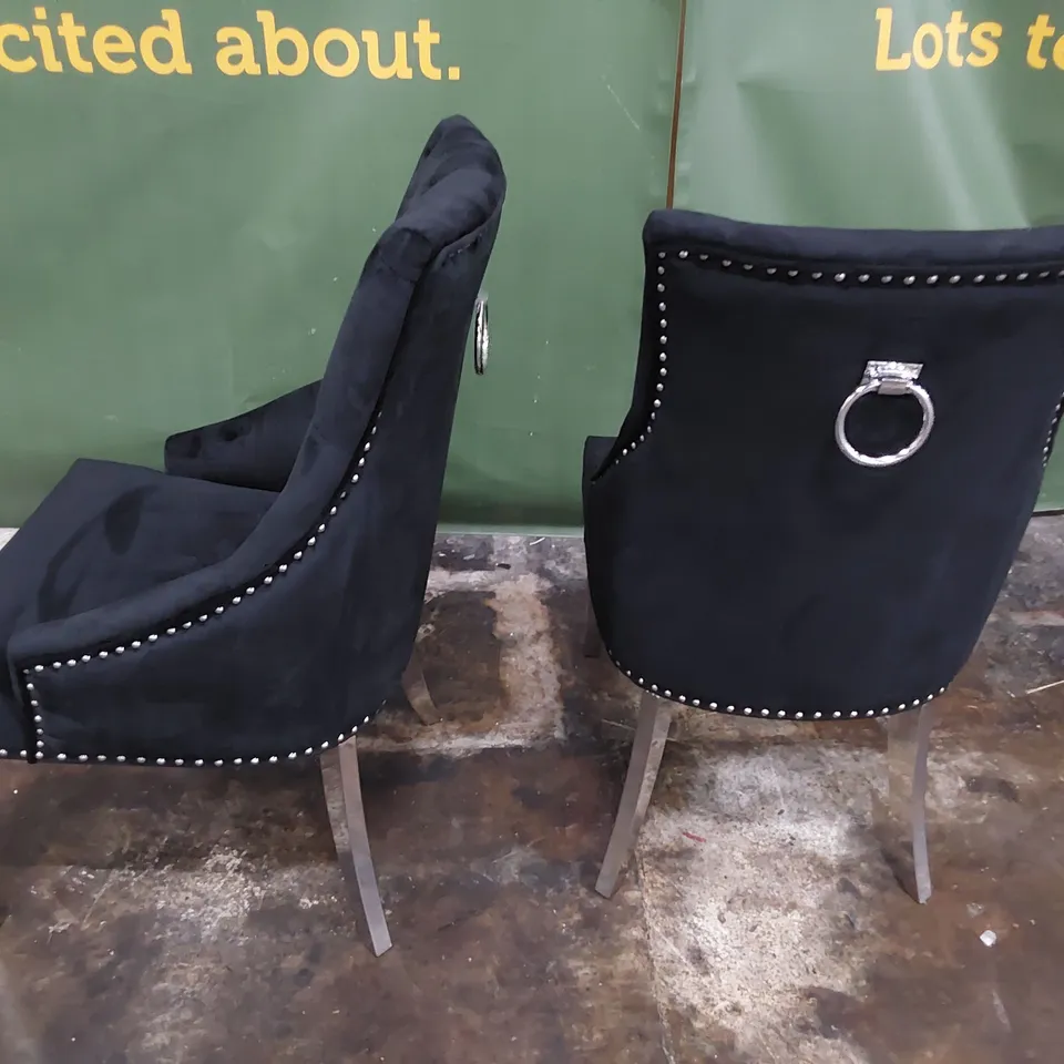 PAIR OF DESIGNER UPHOLSTERED BUTTONED RING BACK DINING CHAIRS ON SILVER LEGS