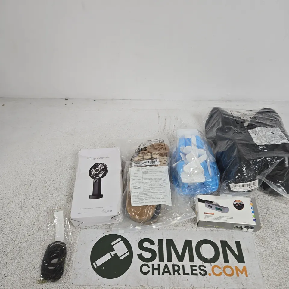 BOX OF APPROXIMATELY 15 ASSORTED ITEMS INCLUDING A PAIR OF BLACK TRAINERS, AN ELECTRIC LUGGAGE SCALE AND SOME SANDALS