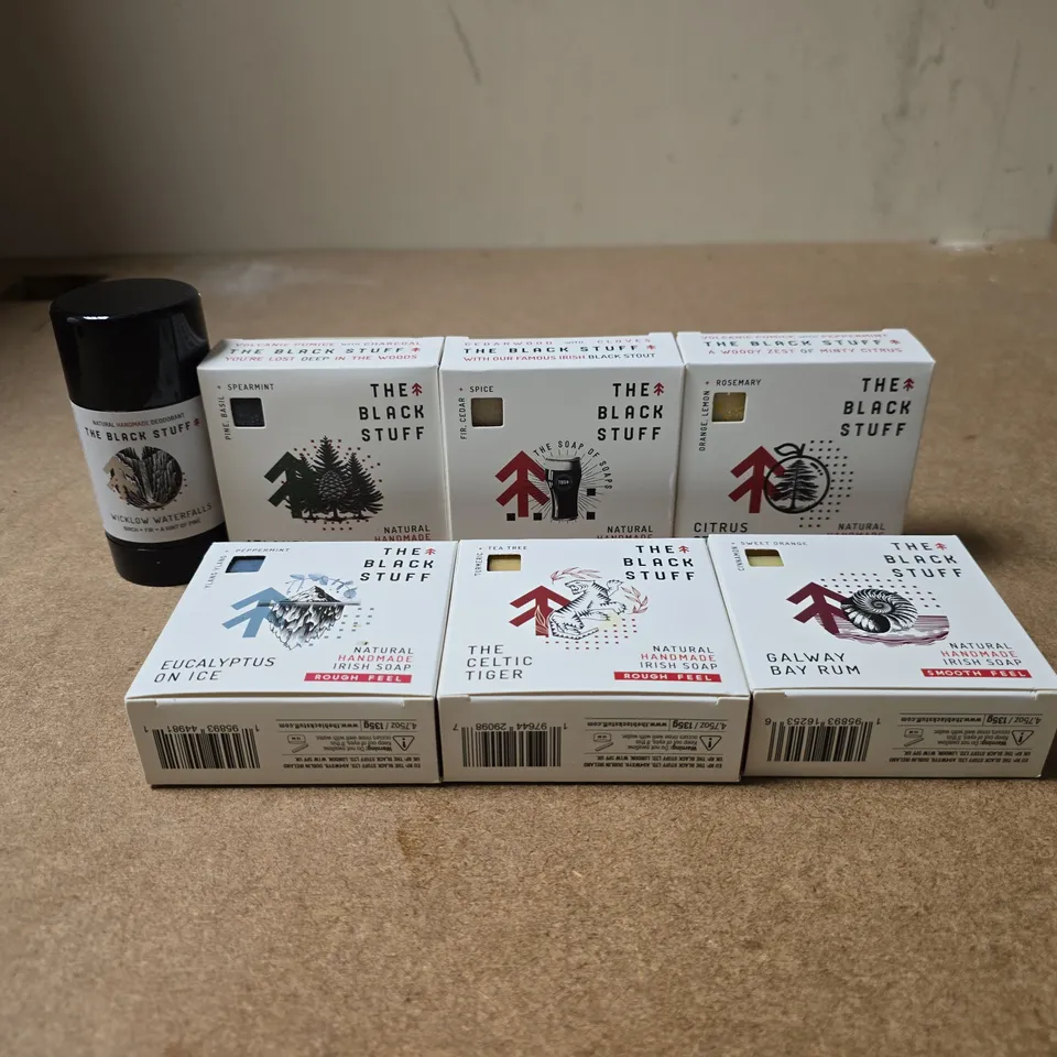 SET OF 7 THE BLACK STUFF ITEMS TO INCLUDE WICKLOW WATERFALLS DEODORANT, THE CELTIC TIGER SOAP, BLACK STOUT SOAP ETC
