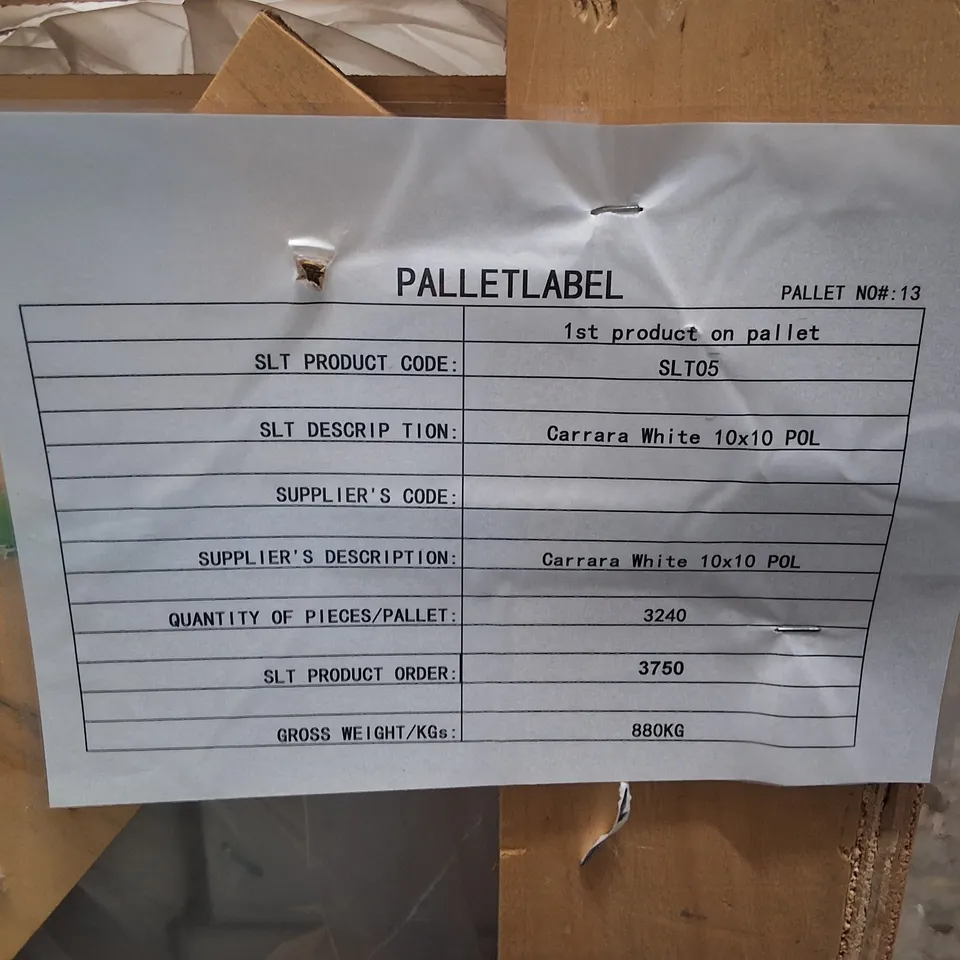 PALLET CONTAINING 3240 CARRARA POLISHED WHITE MARBLE TILES