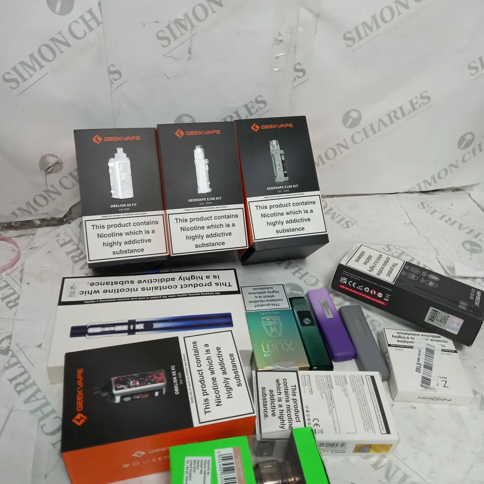 BOX OF APPROXIMATELY 10 ASSORTED E-CIG PRODUCTS TO INCLUDE ASPIRE, GEEK VAPE, VAPORESSO ETC