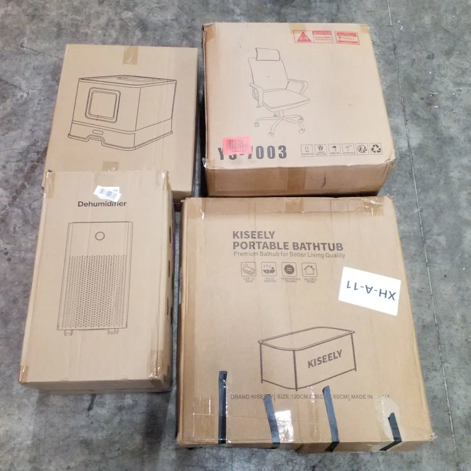 PALLET CONTAINING ASSORTED PRODUCTS TO INCLUDE DEHUMIDIFIER, PORTABLE BATHTUB, OFFICE CHAIR, CAT LITTER BOX, RUSSELL HOBBS TOASTER