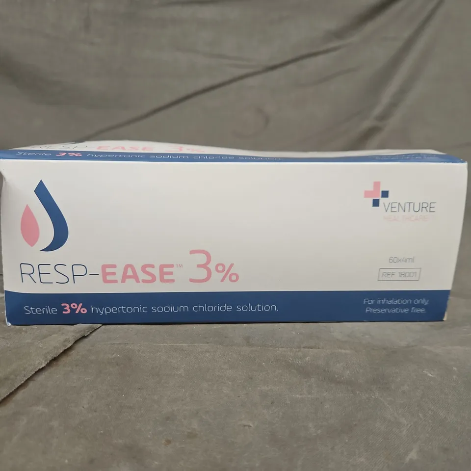 TOTE OF APPROXIMATELY 10 PACKS OF RESP-EASE 3% STERILE HYPERTONIC SALINE SOLUTION – 60ML INHALATION (VENTURE)