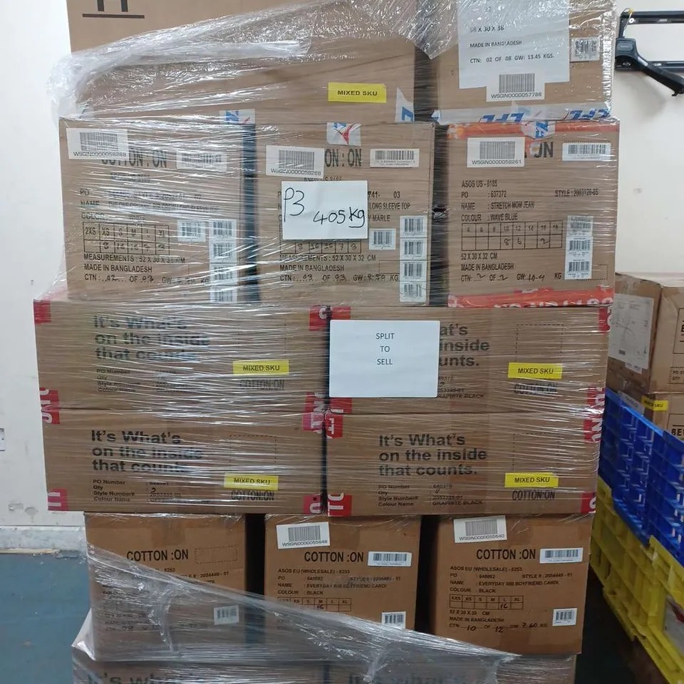 PALLET OF APPROX 40 BOXES OF ASSORTED BRAND NEW CLOTHING ITEMS IN VARIOUS SIZES & COLOURS TO INCLUDE - JEANS , T-SHIRT , CARDIGAN ETC